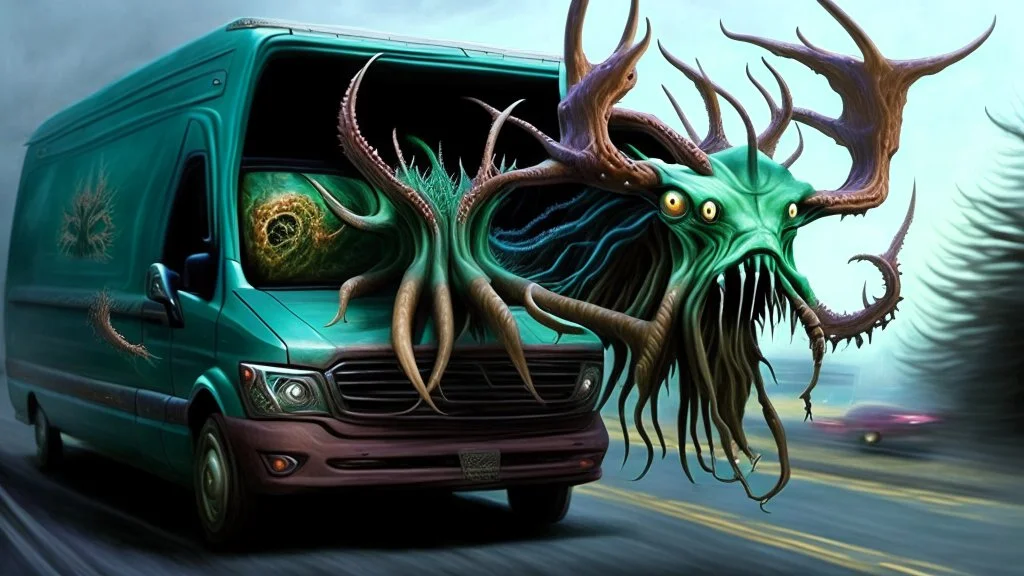 lovecraftian styled resurrected deerp seeks revenge on the Lady driving the Budget Moving Van