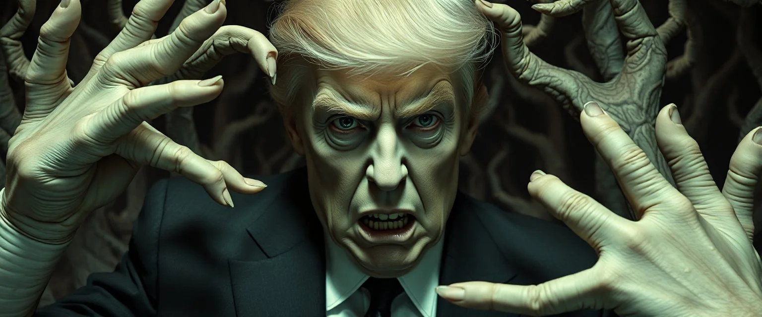 trump as pale man from pans labyrinth,painted by Rembrandt, Escher and Giger