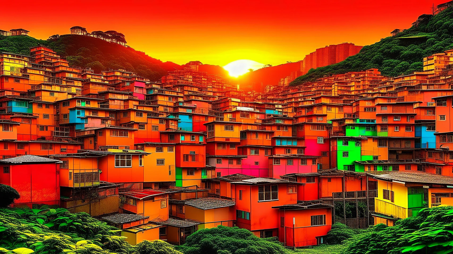 Una ciudad brasileña de favelas coloridas y rascacielos en colinas tropicales al atardecer, en estilo dinámico y contrastado, lenguaje visual de capas sociales y vegetación, materialidad de bloques pintados, concreto y selva urbana, composición vertical ascendente, iluminación cálida dramática, paleta de colores saturados, rosas y naranjas del cielo, atmósfera vibrante, contradictoria y llena de energía.