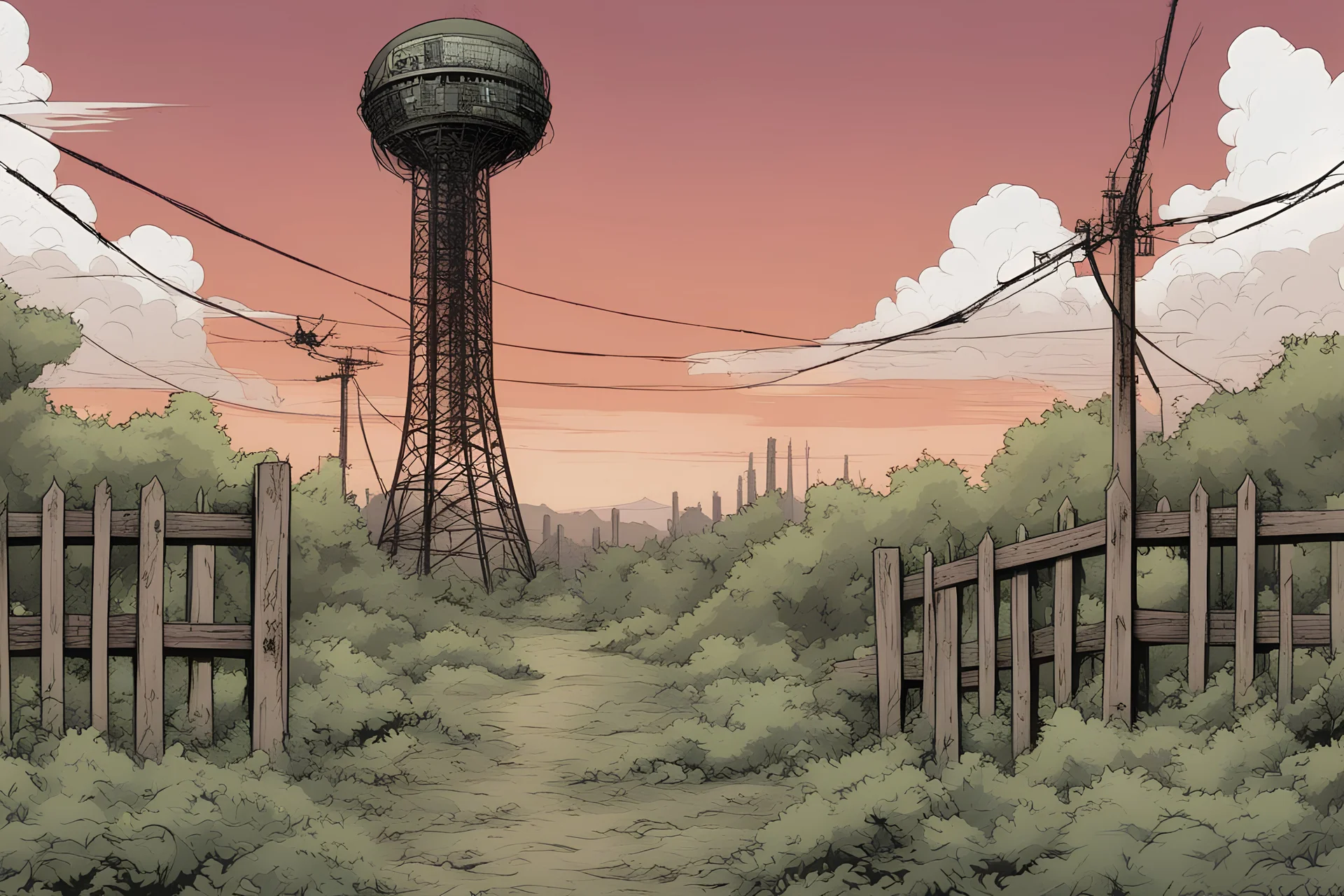 radio tower, overgrown apocalyptic, background, comic book, fence