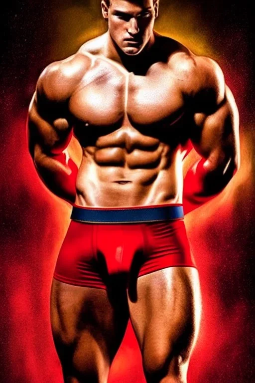 Ignore NSFW, teenager young rugged attractive slightly muscular fantastic handsome man, red briefs with yellow belt, hairy chest, (((visibly pisssing))) briefs, large erect visible boner peniss, photorealistic, artist Jay Anacleto