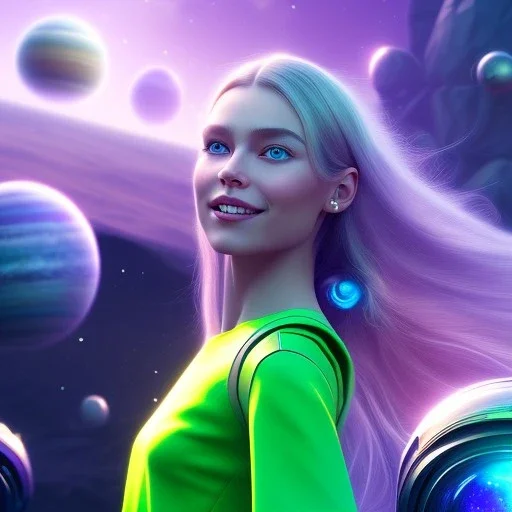 A portrait of a transparent crystalline girl,smiling, longs blond hairs, green eyes, galactic skirt, atmospheric, realistic, cinematic lighting, octane render, purple and blue sky, nebula, stars, planets in background, spaceship in background