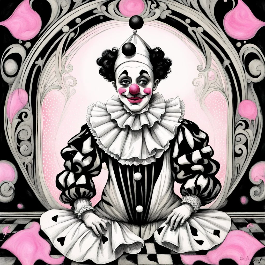 Storybook illustration of a Pierrot Clown, black and white with pink accents, Beardsely style, art nouveau elements, vintage drawing, pierrot vintage, black and white marble floor