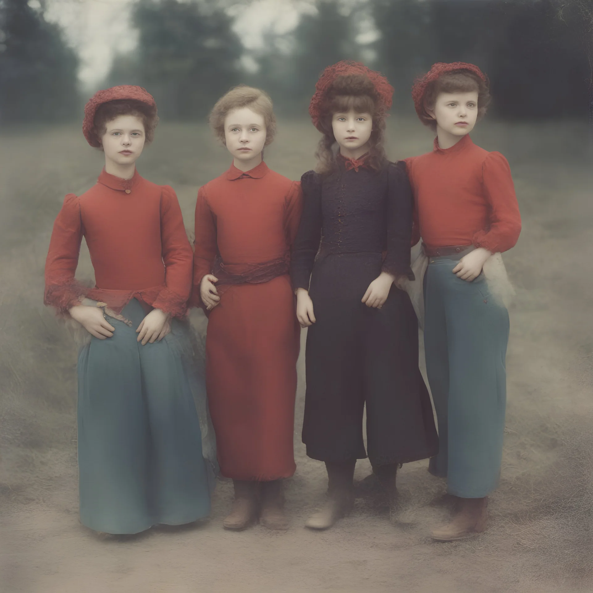 4 Tsar daughters,, red, autochrome, jeans