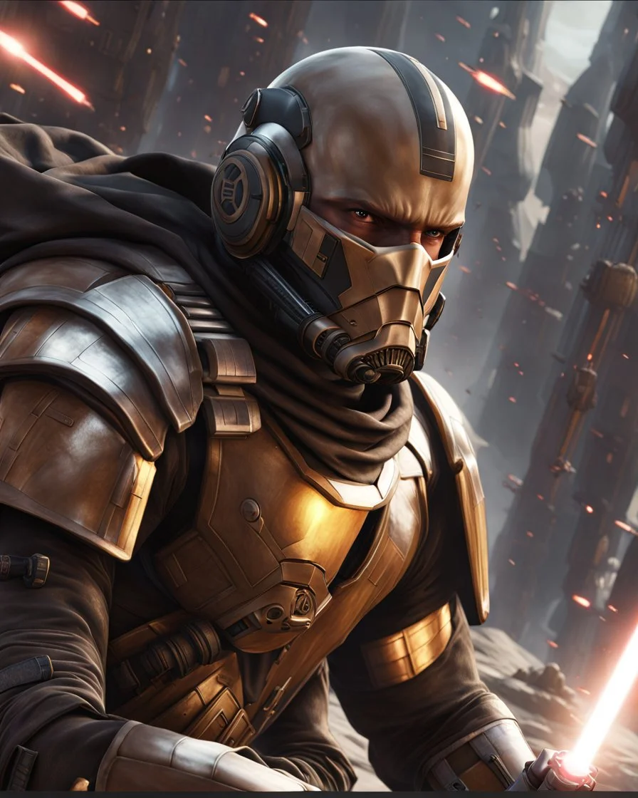 star wars bald male corellian pilot wearing pearlescent black and gunmetal grey First Order special forces heavy assault stealth commando armor and helmet with gold trim inside the jedi temple, hyperdetailed, dynamic lighting, hyperdetailed background, 8k resolution, volumetric lighting, light skin, fully symmetric details