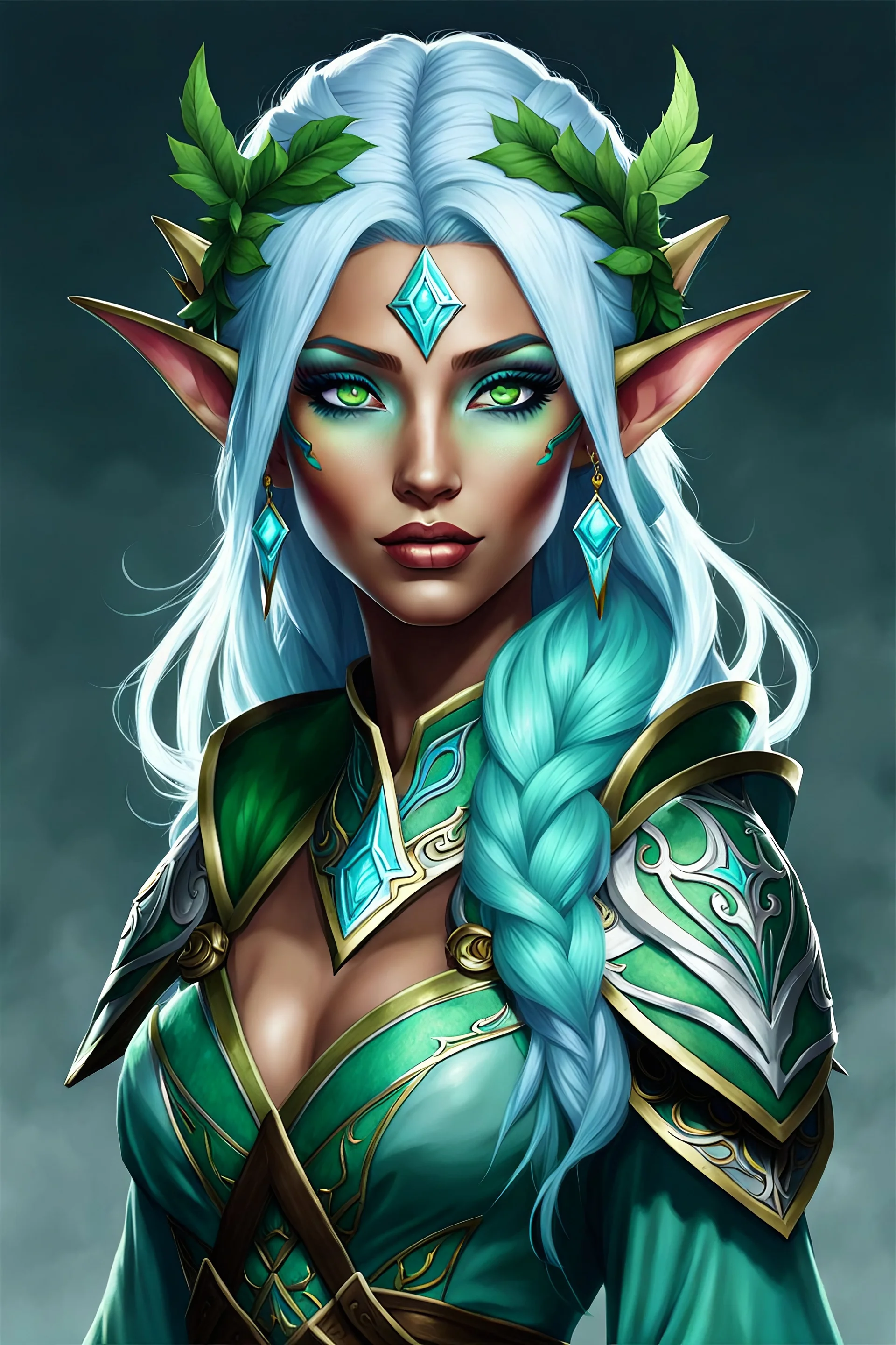 druid lunar elf dnd female light blue skin green hair