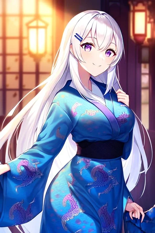 girl, masterpiece, best quality, cinematic lighting, detailed outfit, vibrant colors, perfect eyes, white hair, purple eyes, long hair, dragon pattern kimono, indoors, light rays, hairclip, smile,