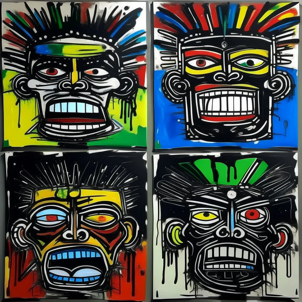 5 angry grotesque faces, by Jean-Michel Basquiat, acrylic painting