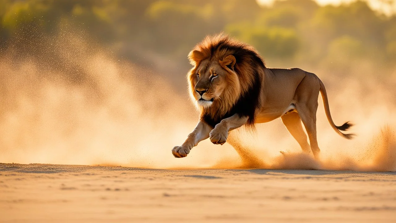 A large african male lion hunting a Impala, dynamic action, jumping, splashes of sand, nature photography, raking light, blue lights in the background --ar 16:9 --style raw --v 6.0