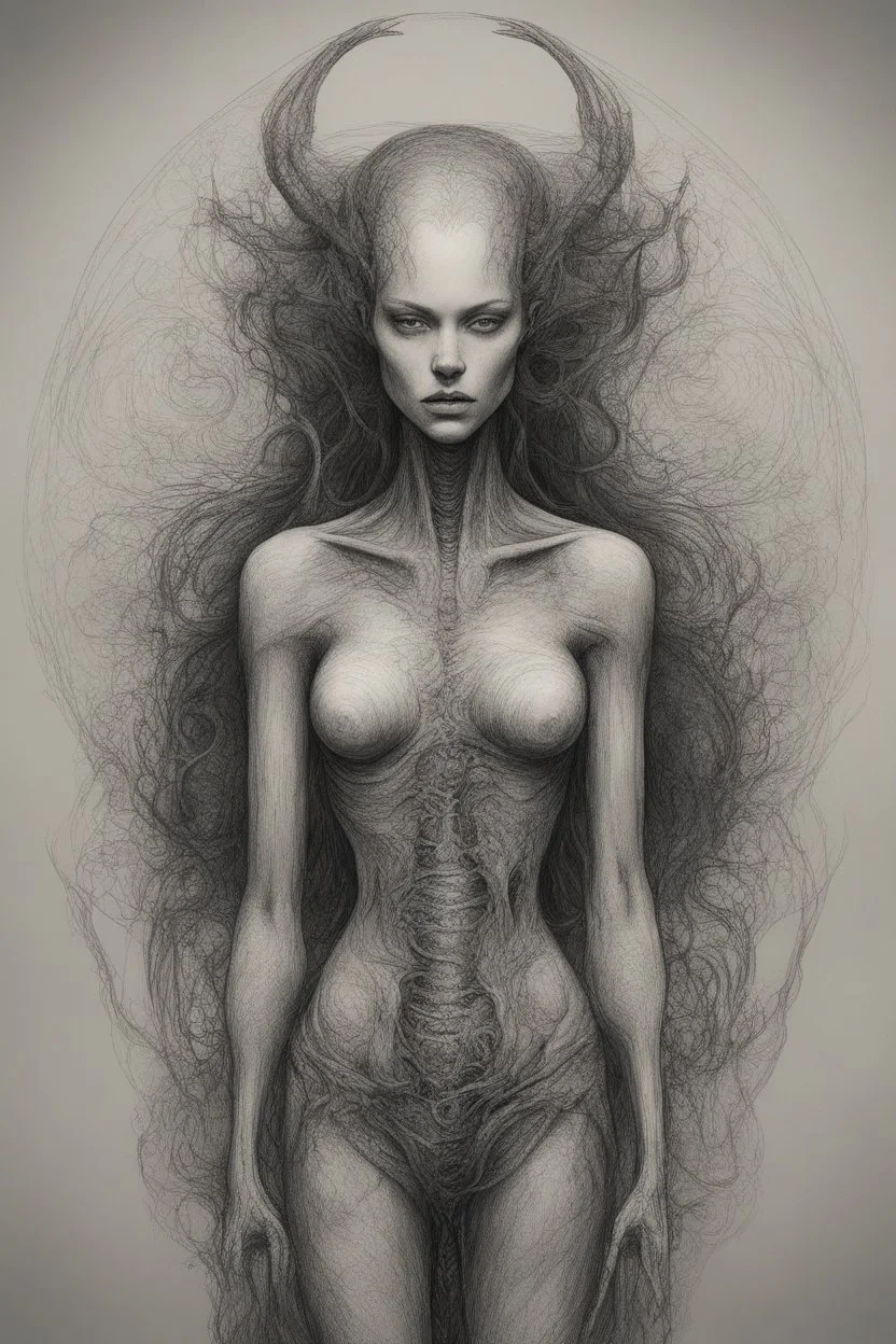 Drawing of a beautiful female human in the style of Scorn, Giger, Beksinski, Leonardo da Vinci. Full body.thin lines draw style