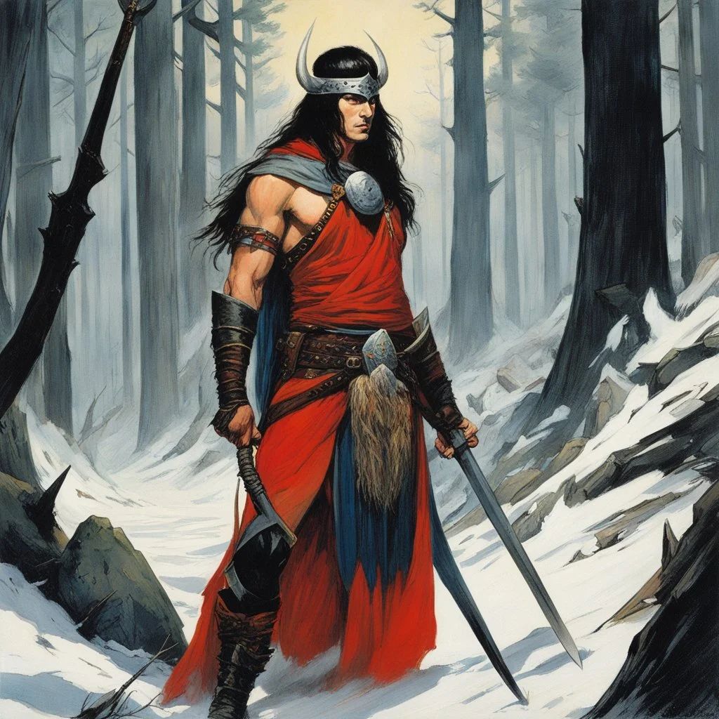 [art by Antonio Sant'Elia] THE DEATH DEALER: tribeless barbarian in a large forest that, after the end of the Ice Age, will one day become the Mediterranean sea. When the Mongol-esque Kitzaak Horde invade the forest, various parties try to recruit Gath's aid to defend against them. One of them, the beautiful sorceress Cobra, gives Gath a helmet possessed by the god of death. The helmet gives him godlike power but at the same time tries to break Gath to its will. With the help of the worldly trav