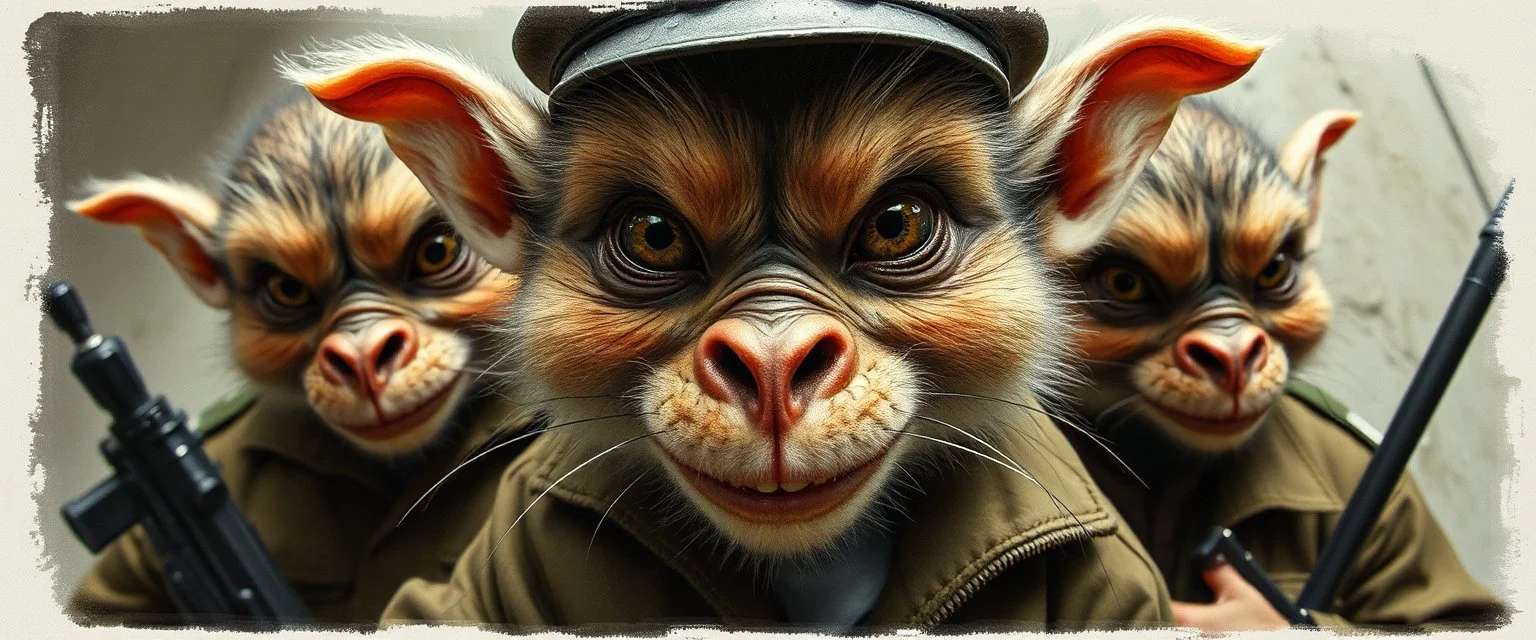 airbrush and pen outline, french art , extreme close up on cheeky fluffy weasel hairy goblin military prison guard troupe news anchor elf family scumbag , pinhole cam, airbrush 3d rendering, in the style of Titian and Rembrandt