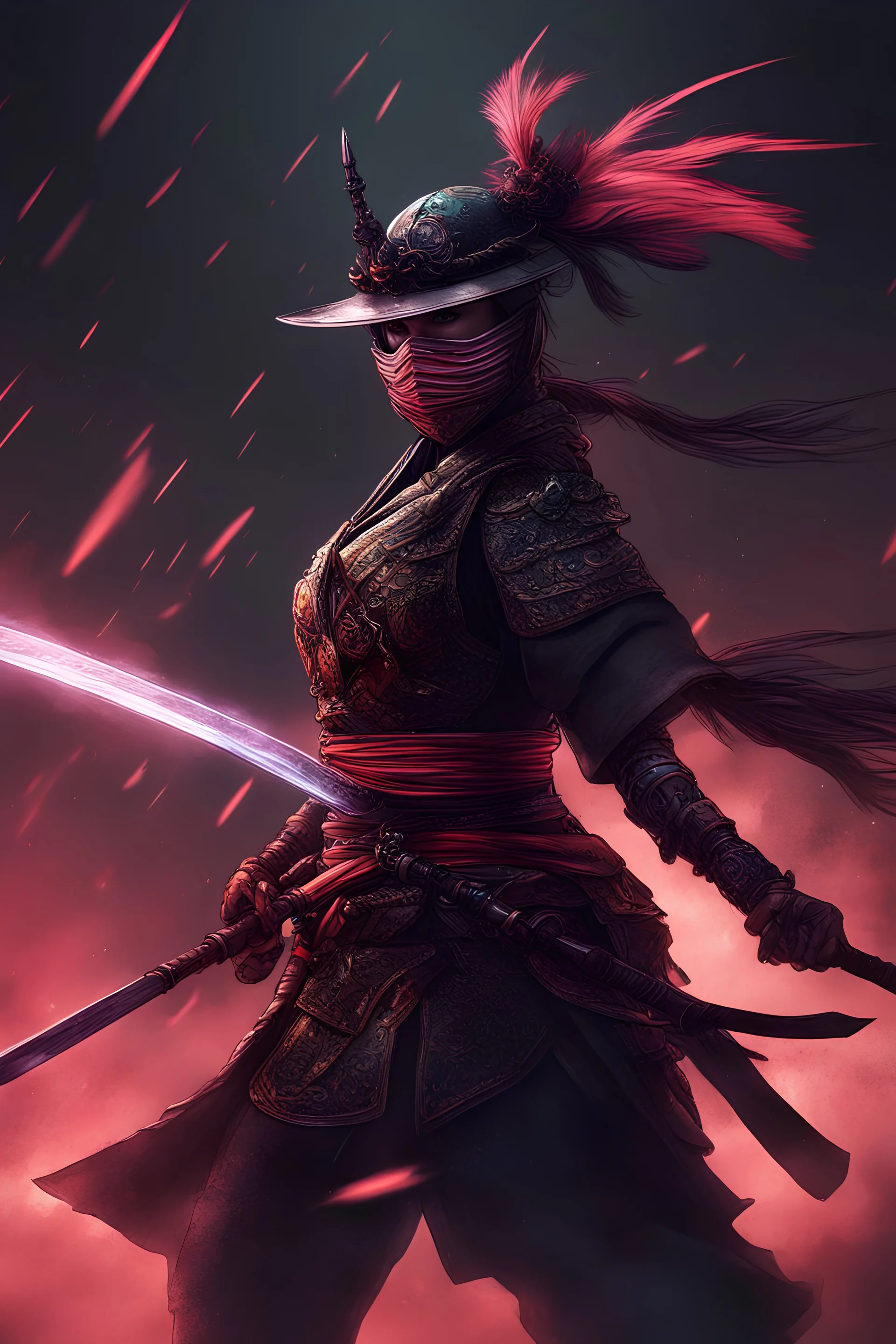 a masked female samurai warrior in action and unleashing an attack against enemies with her mystical katana in a grim battle, full body GALAXY armour, plumes of jet black smokes, charcoal, vibrant colour blast, sengoku period, incredibly detailed, morbid, dark, key visuals, renaissance, volumetric light, atmospheric, greg retkowski style, in peter mohrbacher style, highly realistic, ultra wide epic shot, genshin impact