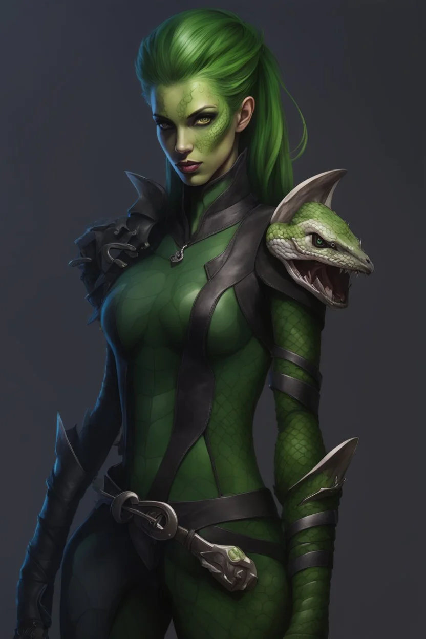 female snake humanoid, green scales, wearing a black leather armor, dungeons and dragons