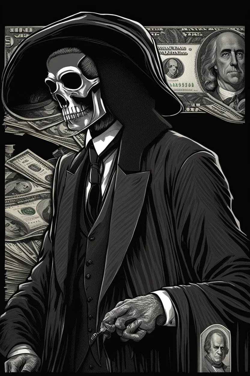 LINE TONE, WSJ STYLE, HEDCUT, ultra high image quality, HEAD AND SHOULDERS SHOT, Grim Reaper, WEARING A 3 PIECE SUIT, POSED FOR DOLLAR BILL PORTRAIT, , Close-up of an set against AMOLED-worthy pure black backdrop, fantasy art style infused with filter, tailored for vertical wallpaper, exclusive design with no duplicates, radiating beauty suitable for a PC screen image, vivid colors, ultra fine, digital painting, BASED ON THE UNITED STATES TREASURY NOTE ONE DOLLAR BILL