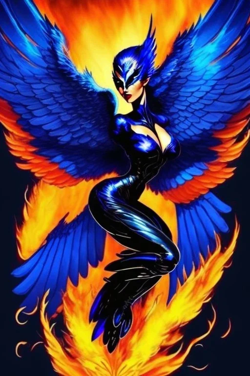 dark, blue phoenix, flaming wings, beautiful, smooth, flying, graceful