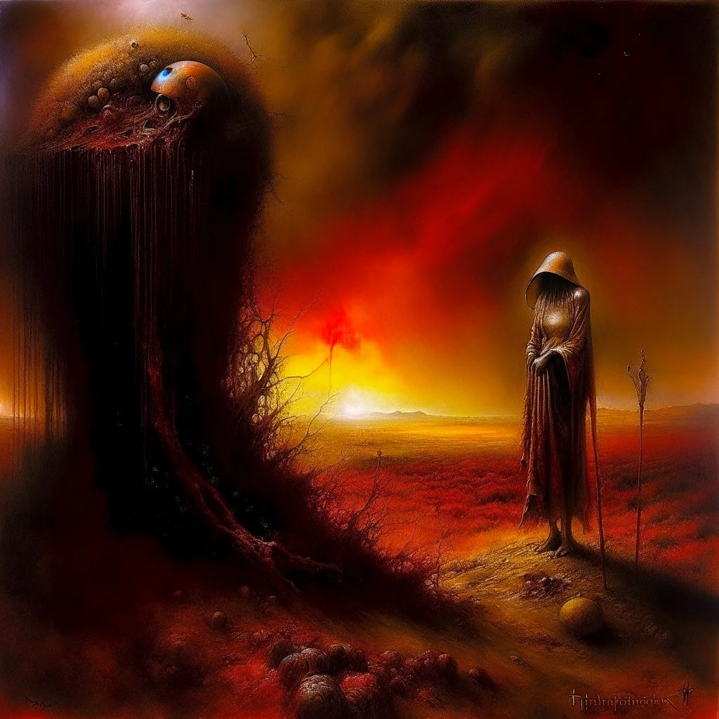 Macabre Rapture End of days Revelation scene, loose brush stroke matte oil painting, sinner apotheosis, By John Lovett and Zdzislaw Beksinski and Phlegm, diagonal composition, unbalanced, surreal horror, warm colors, eerie, scary warm colors, opulent shadows, by Colin McCahon