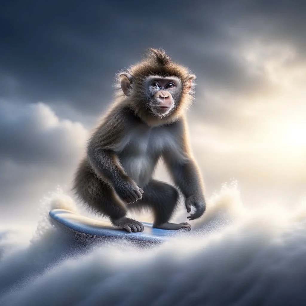 monkey on surfing board photo shoot, 8k, down-light, soft light, depth of field, photo realism, trending on art station, high detail, smoke and fog