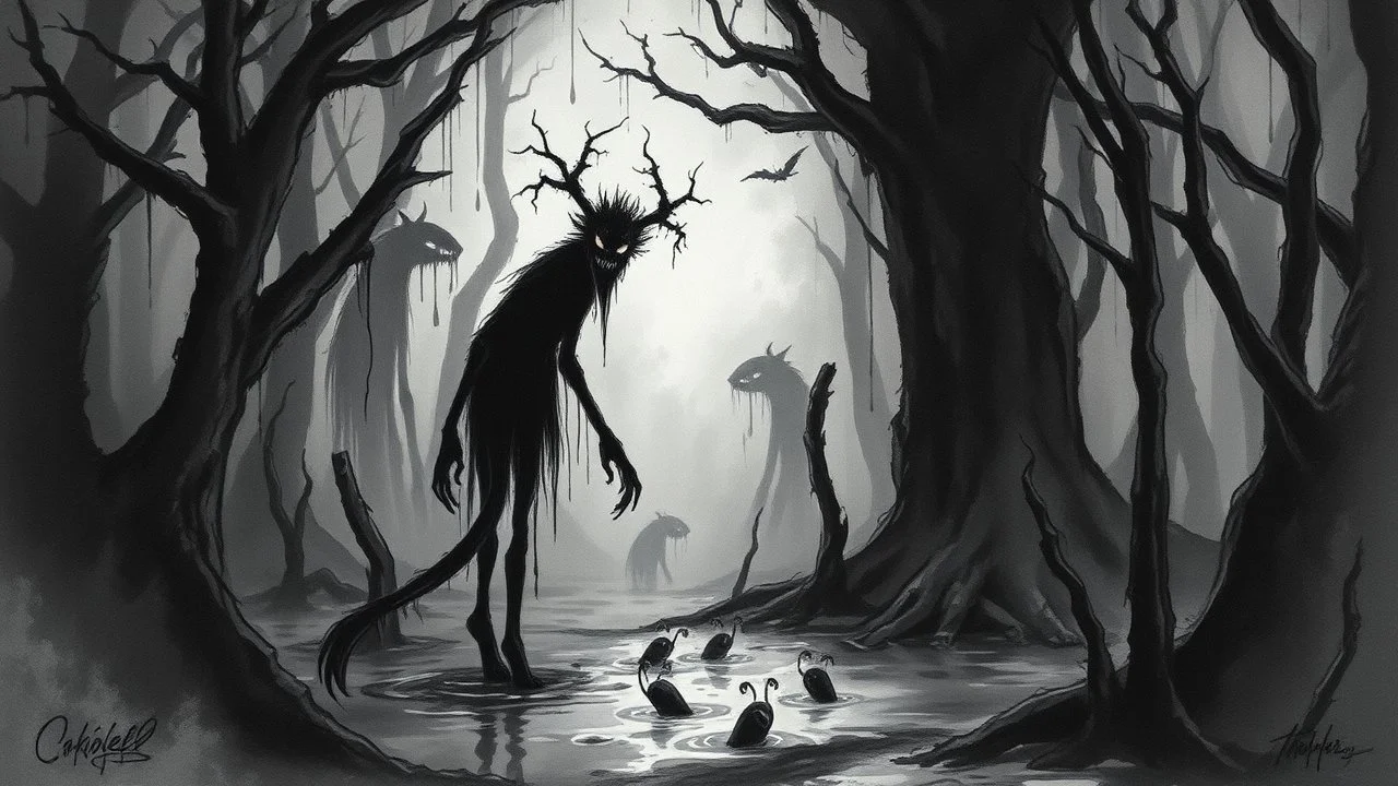 In the eerie style reminiscent of Stephen Gammell, haunting watercolors bring to life a dark, monochromatic swamp. Amongst shadowy creatures dripping with malevolence, one stands out - a sinister being with an infected aura and a wooden tail. This chilling painting expertly captures a sense of dread and unease, with each brushstroke adding layers of darkness and depth to the nightmarish scene. A masterful blend of horror and artistry, this image is sure to leave a lasting impression on anyone br