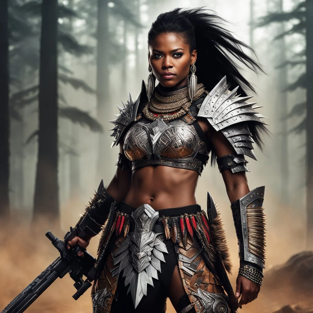 A female warrior, clad in intricate tribal armor adorned with menacing spikes, stands tall holding a firearm that blends ancient tribal. The weirder the better. It gets worse every year. Bigger! Wilder! Whoa! Not that big. Stronger heroes. You dig deeper. You feel it, you know... whatever.. you can stop it... You won't stop it. The woman's weapon glows with a faint blue light, a symbol