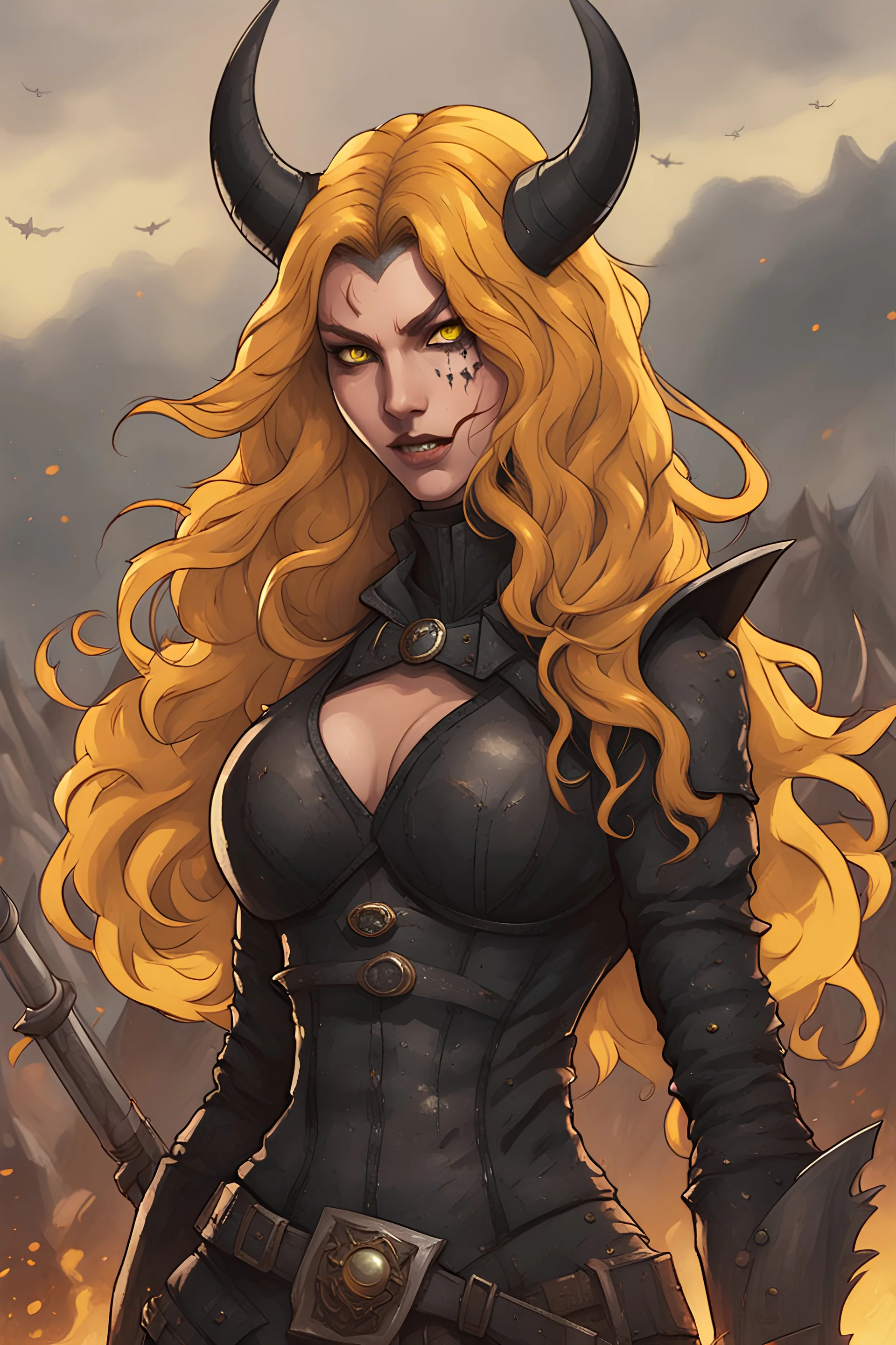 A evil female dark knight with Black sclera, demonic horns, black lips, yellow eyes, long scarlet wavy hair over one eye standing on a battlefield with a demonic smile