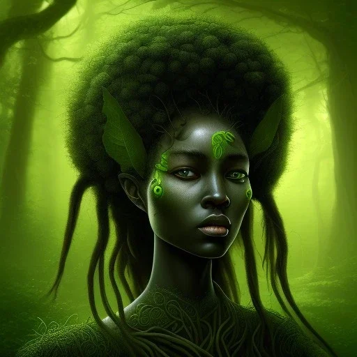 Painting .the face of A young black woman. A wood nymph emerging from the forest. Her hair looks like vines. Dreadlocs. Her skin is the colour of dark soil. Her skin looks like tree bark. Her clothing is made of vines, grass and leaves.