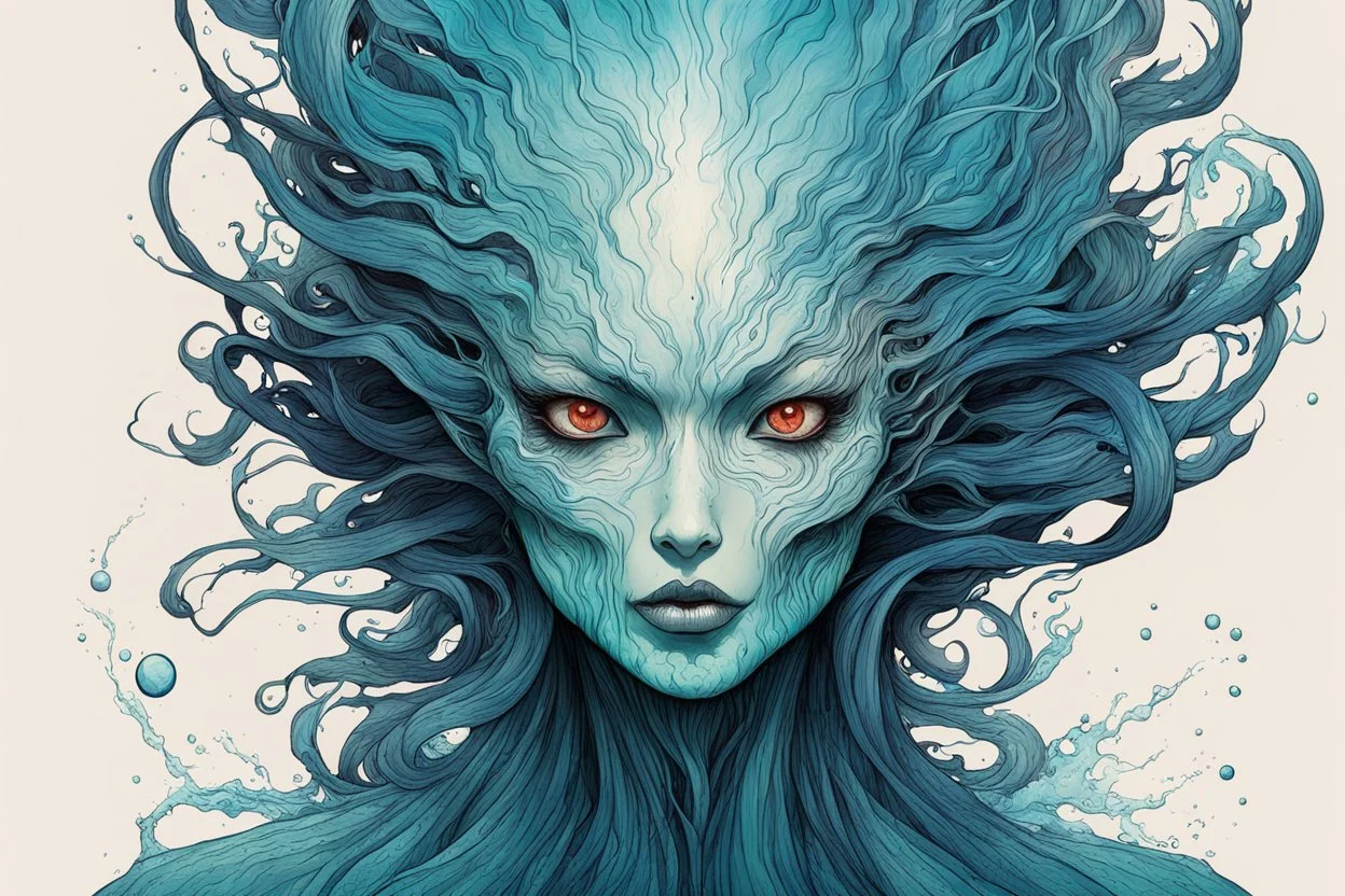 front facing full body illustration of a malevolent shape shifting female Funayurei water ghost with highly detailed facial features and translucent skin textures, in the style of Alex Pardee , Jean Giraud Moebius, and Katsushika Hokusai, highly detailed, boldly inked, deep murky aquatic color