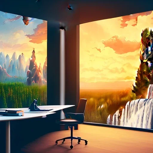 desk, parquet, sheet of paper, little pen, person seat on chair in white shirt in front of a huge picture window with large view on a waterfall with warm light, sunset ,pixar style, panorama, nature, globe, HD, Hallelujah mountains