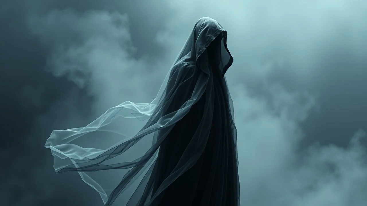 In a mesmerizing and ethereal manner, an otherworldly being emerges in the form of a translucent grey hood ghost. flowing smoky black robes. Forward facing