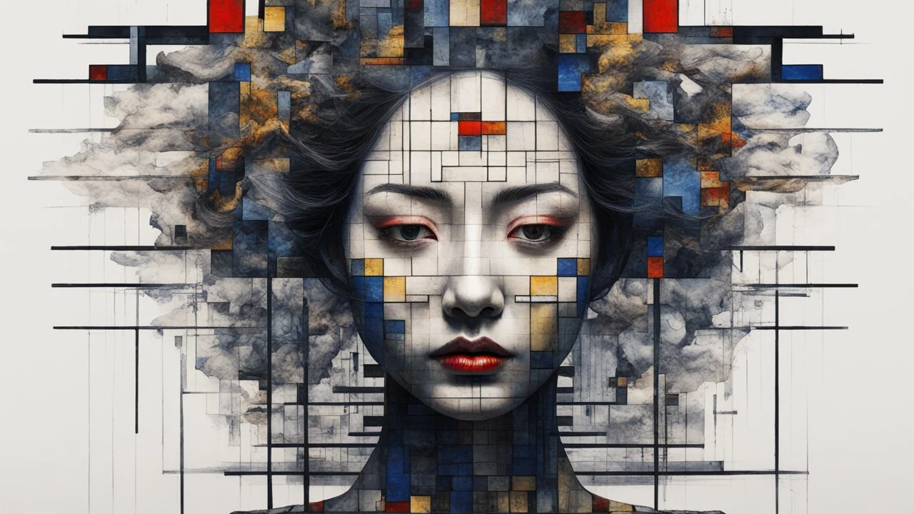 surreal Mondrian style with symmetric pixel art painting of A gothik female lunatic asian in a slightly different pose as a living yonic sculpture, her face double exposure with collage, chaotic abstract shift mpasto art, Disconcerting trippy collage, detailed, mythical symbol of greek, surrealism, anomaly seven heaven. Angellord, demonlord that seem almost sinister. The eerie glow with glitch error' from each compartment casts ghostly iridescent colors onto her dark, textured surface. The backg