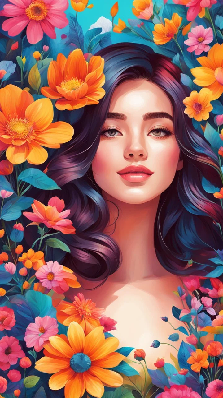 Please create an illustration of a pretty girl surrounded by vibrant flowers using vibrant colors. The artwork should showcase the beauty of nature and convey a sense of joy and positivity. The illustration style should be vibrant and lively, capturing the essence of illustration art.