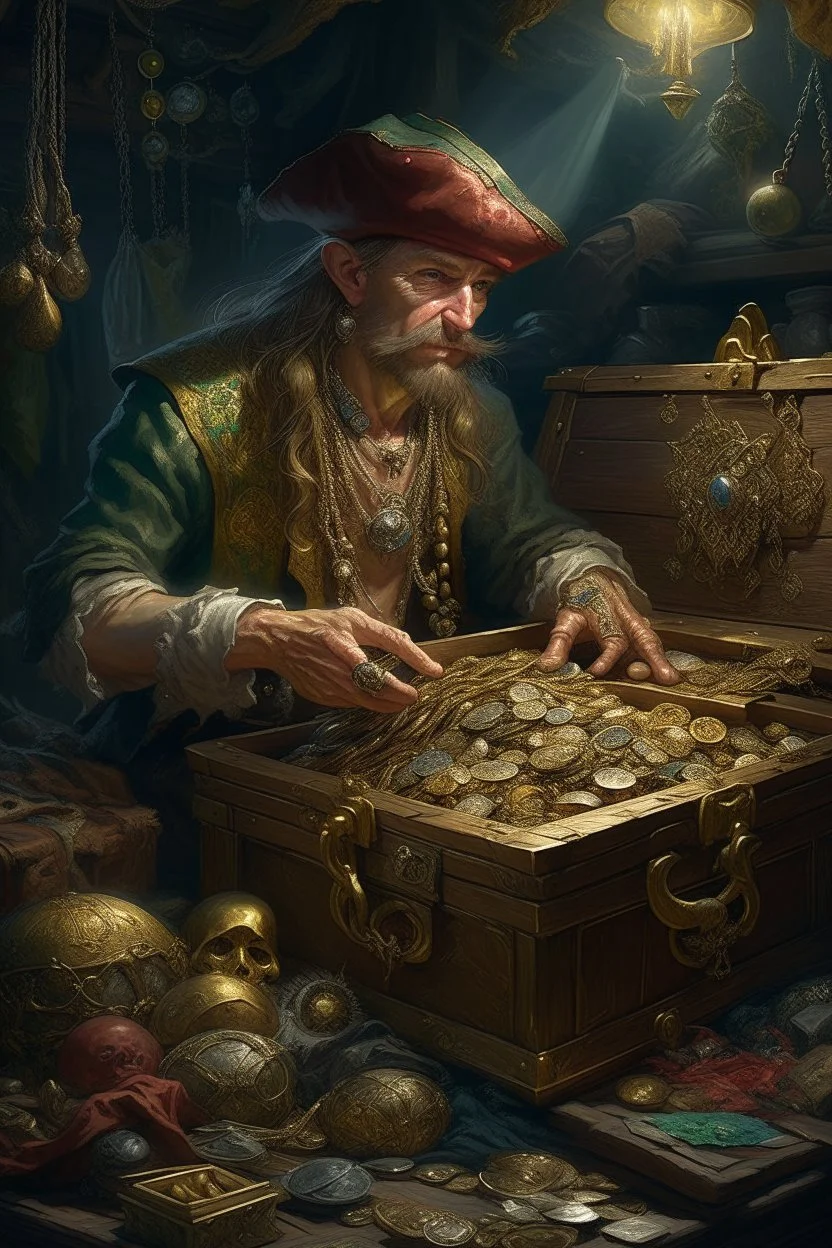 Classism painting style pirate with treasure pirates box of jewelry and diamonds ,intricate insanely , ,detailed octane render trending on artstation, 8k artistic photography, photorealistic concept art, soft natural volumetric cinematic perfect light, chiaroscuro, award-winning photograph, masterpiece, oil on canvas, Raphael, Caravaggio, Greg Rutkowski, people, beksinski, Giger