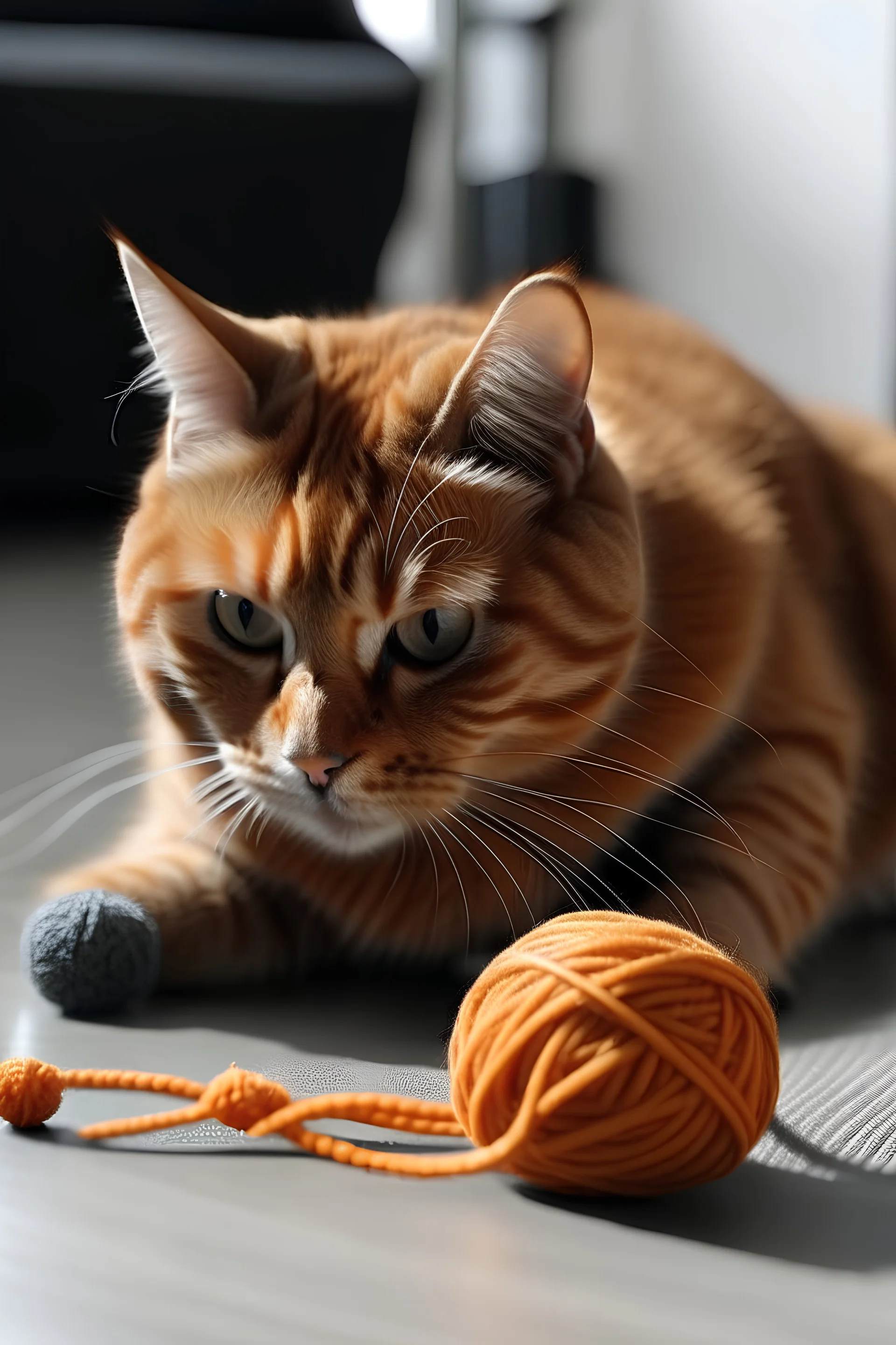 an orange cat playing with a black ball of yarn on a gray rug