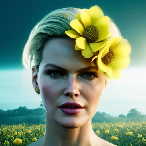 Eva Herzigova has angel wings. She has beautiful eyes, Her hair flies in the air. with yellow flowers for hair, closed eyes, rtx, reflection, 8k, glow, winning photography, caustics