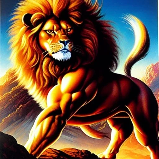 (full body),full body view portrait oil on canvas,Samson fighting the Lion,comic book cover, mystical colors,insanely detailed,realistic,intrincate detail,crystal clear eyes,perfectly drawn face, 16k resolution, masterpiece,Simon Bisley,Frank Frazetta,Alex Horley,ARTHUR ADAMS