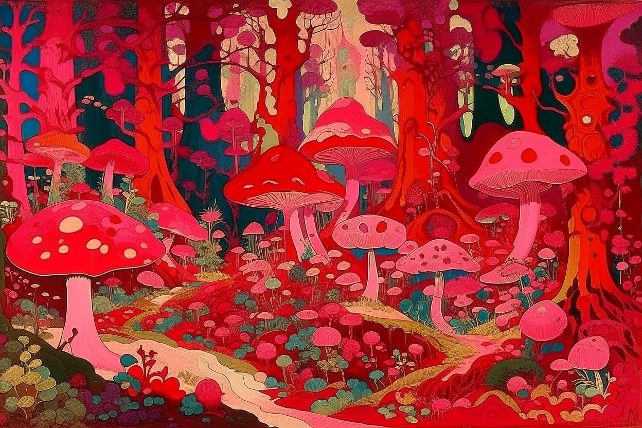 A magenta forest filled with mushrooms and fungus painted by Wassily Kandinsky