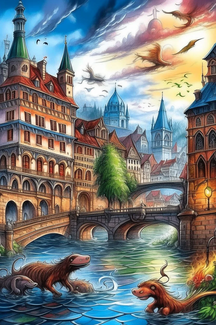 fantasy beautiful drawings of basel, switzerland