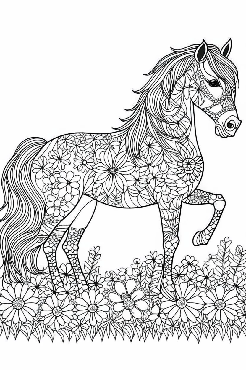 outline art for horse coloring pages with horse and flowers, white background, Sketch style, full body, only use outline, clean line art, white background, no shadows and clear and well outlined