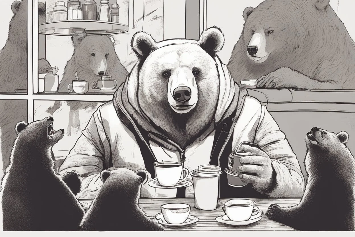 Bear drinking coffee with human friends