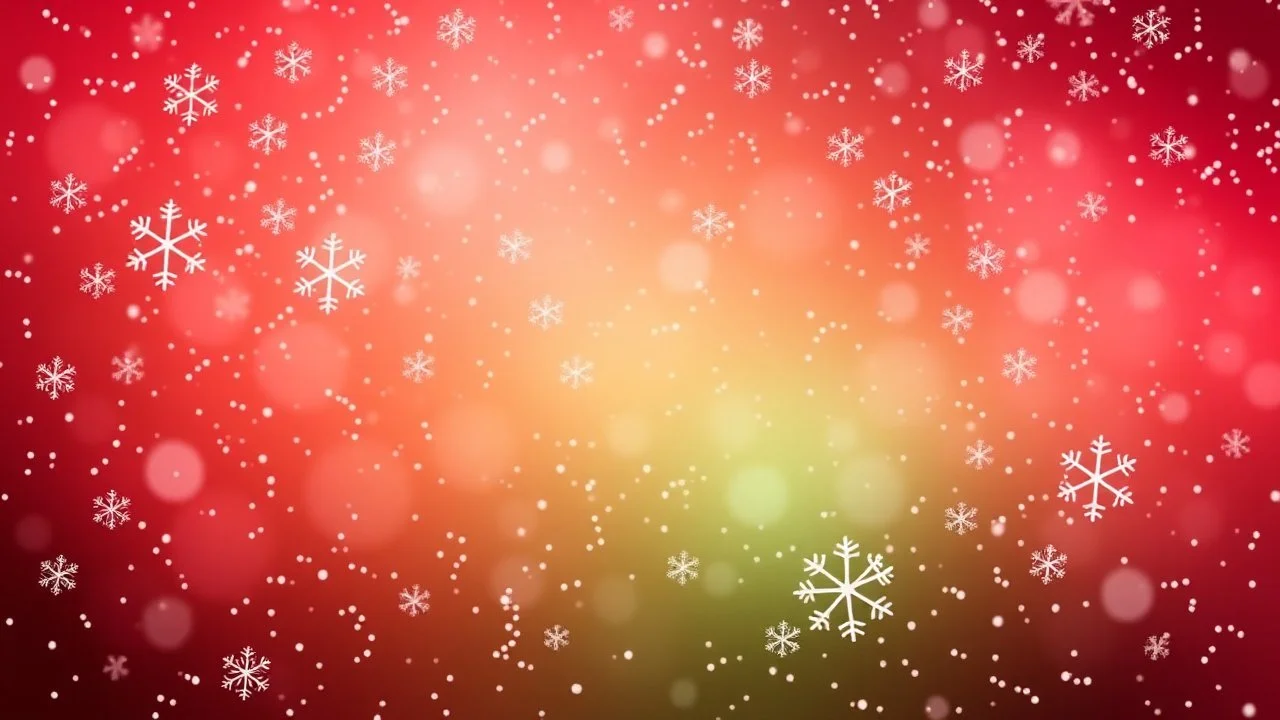 Red Maroon And Green Grunge Gradient Christmas With Lots Of White Snowflakes Falling Background.