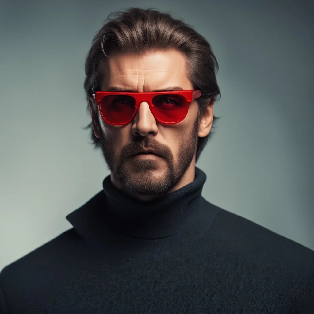 a young man with big muscles who looks like hans gruber wearing a turtleneck and red sunglasses staring with an angry look on his face in the style of Neil Gaiman