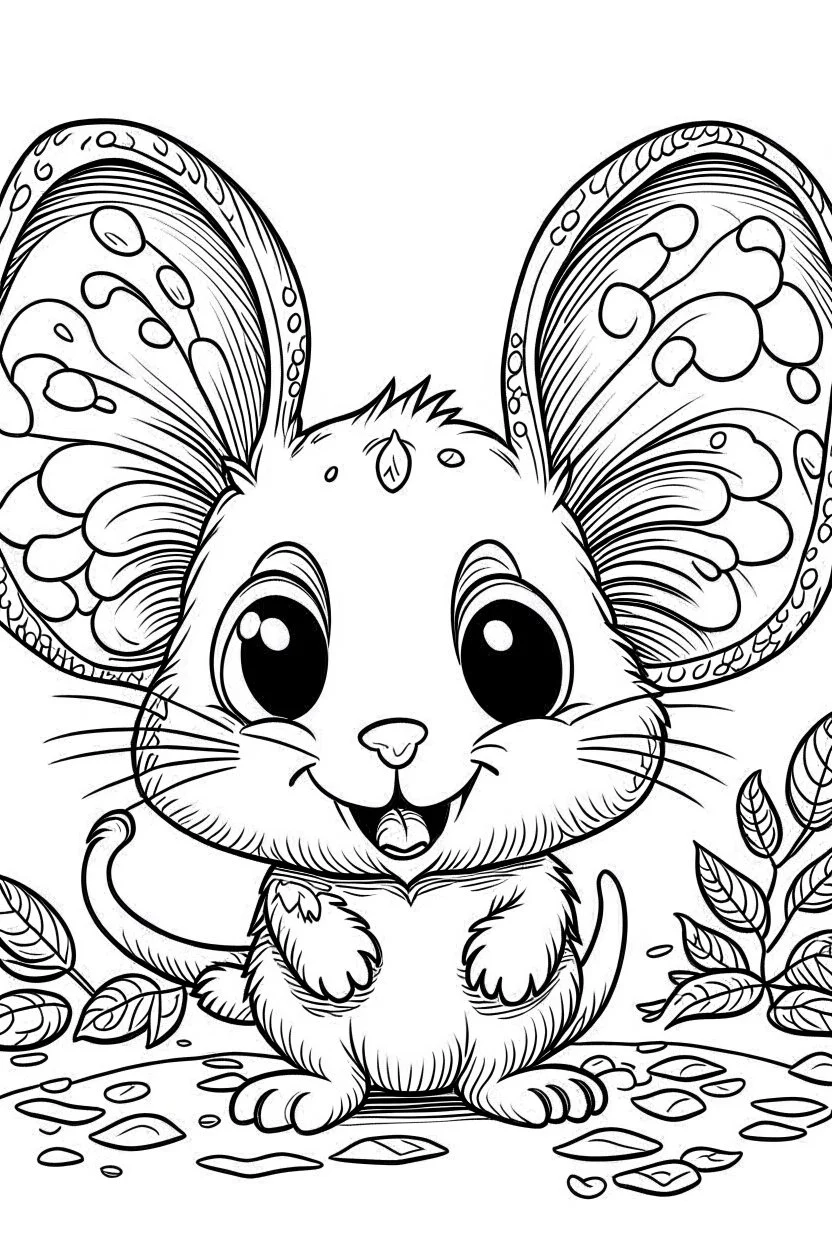 cute coloring page, sketch style, cute baby mouse in the wood, cute cartoon, white and black, withe background, no shadows, outline.