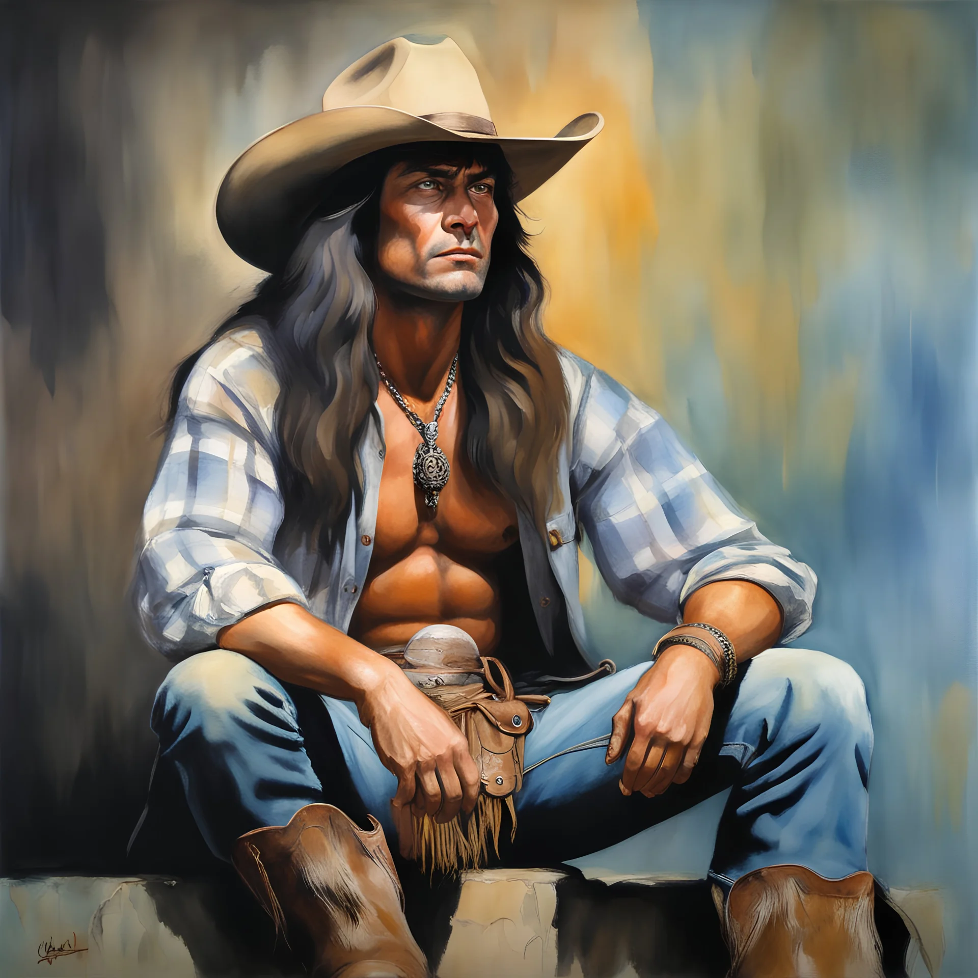 Conan the Barbarian wearing a long-sleeved plaid shirt, blue jeans, cowboy boots, and a cowboy hat, dark, multicolored watercolor stained wall in the background, oil painting in the art style of Frank Frazetta, 32k UHD, Hyper realistic, photorealistic, realistic, sharp, highly detailed, professional quality, beautiful, awesome, majestic, superb, trending on artstation