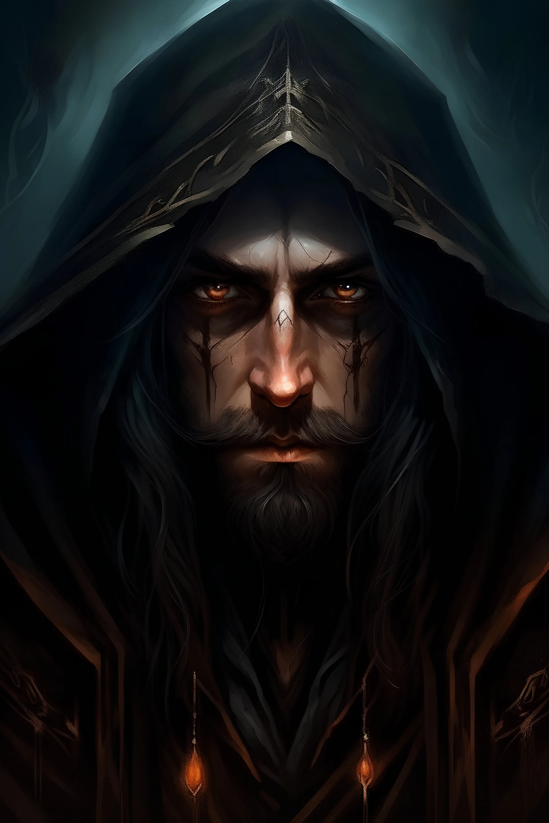 a dark hooded warlock with beard, black long hair, evil eyes, dark magic painting face, intense stare
