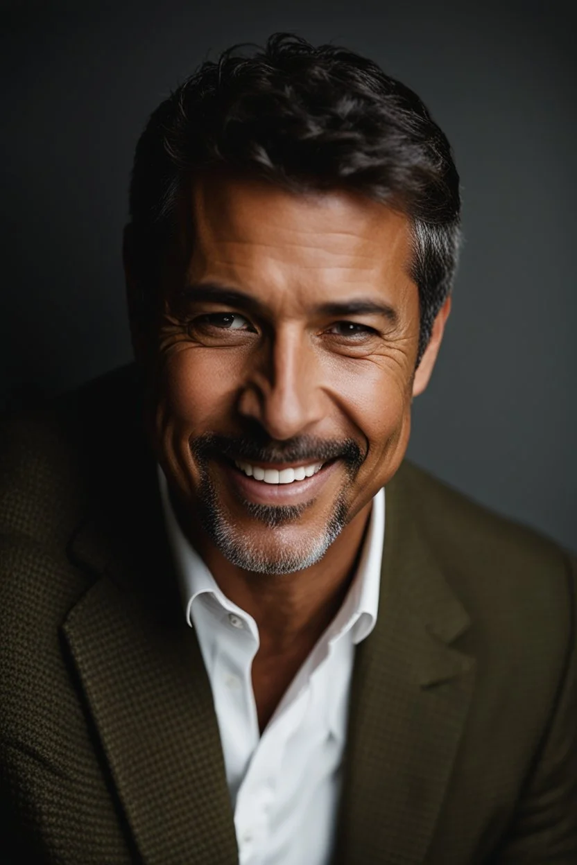 Portrait of a 50 year old Olive skinned handsome male with dark salt and pepper short hair and a goatee beard, smiling