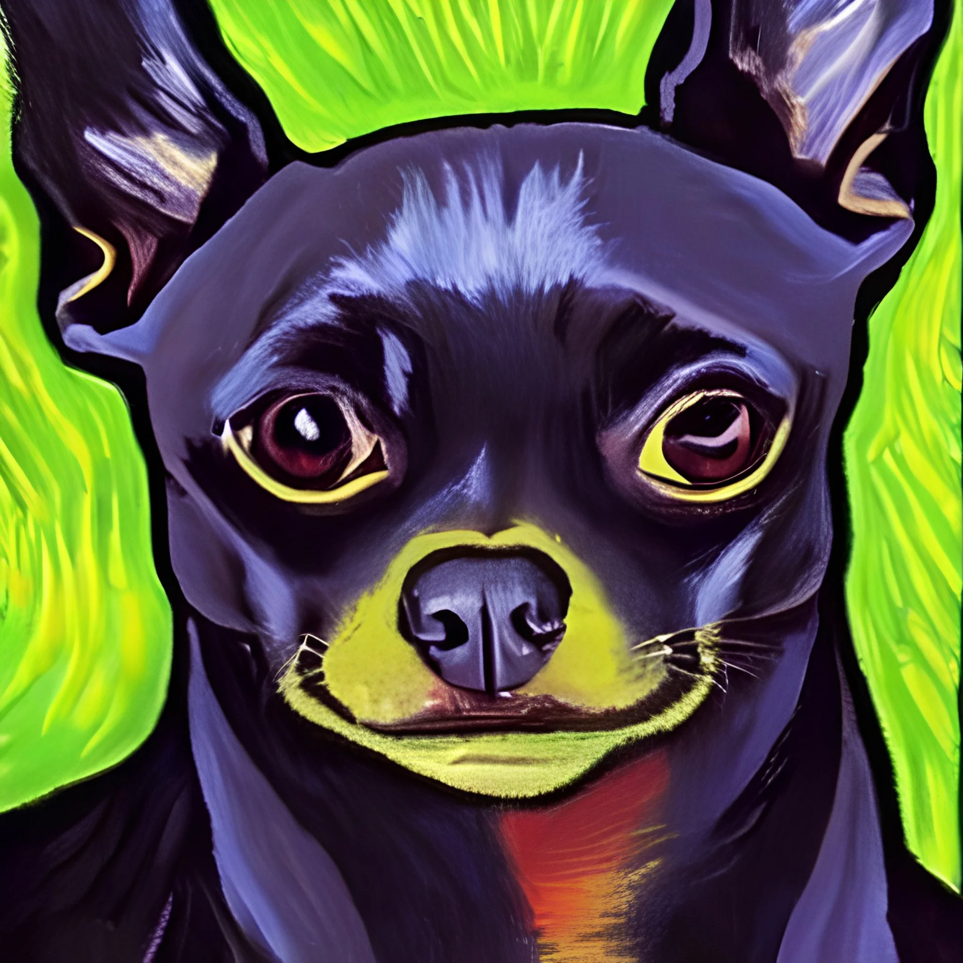 Portrait of a black chihuahua with a white muzzle by Van Gogh