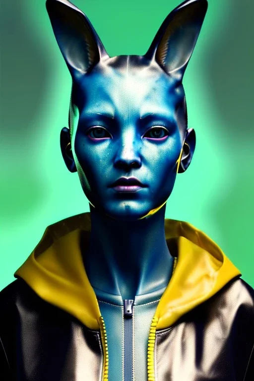 Medium Close Up Portrait, Front image. cyberpunk, rabbit mask, teenager woman, yellow hair. latex tracksuit. Red, black, silver, color. Cyber style. Color background, photo studio. Avatar image, highly detailed, concept art, smooth, unreal engine 5, god rays, ray tracing, RTX, lumen lighting, ultra detail, volumetric lighting, 3d, finely drawn, high definition, high resolution.