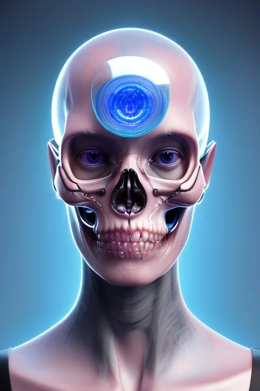 A glass headed skull with sapphire eys wearing a futuristic uniform, 8k resolution concept art portrait by Greg Rutkowski, Artgerm, WLOP, Alphonse Mucha Boris Vallejo dynamic lighting hyperdetailed intricately detailed Splash art trending on Artstation complimentary colors Unreal Engine 5 volumetric lighting