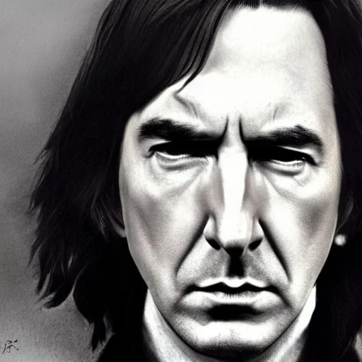 high-quality, fine-detail close-up pen and pencil sketch of young alan Rickman as Severus Snape, portrait, 8k resolution, intricate, digital art, detailed matte painting, photorealistic, volumetric lighting, Rafael Augusto, Juan Francisco Casas, Anne Dittman, Anne Stokes, greg rutowski