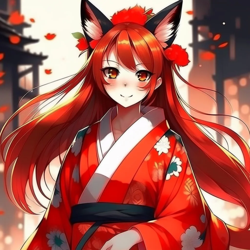 girl kitsune bink hair red eyes kimono